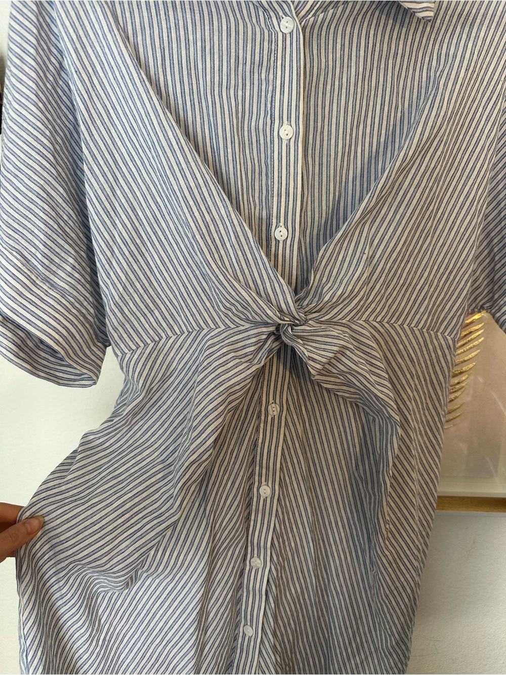 Striped Button-Up Tie-Front Women’s Dress — Light Blue & White
